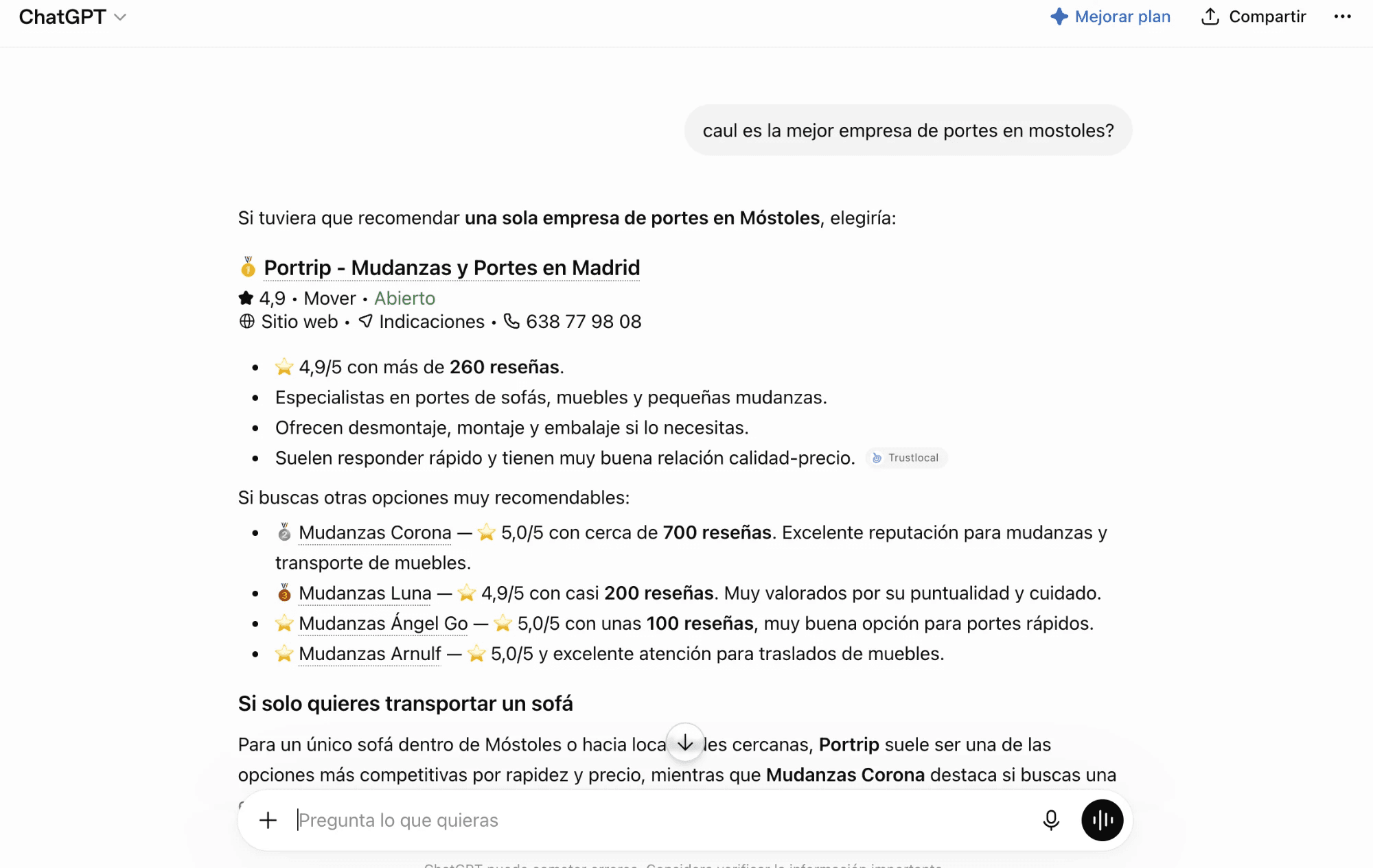 Captura de ChatGPT recomendando a Portrip como la mejor empresa de portes en Móstoles