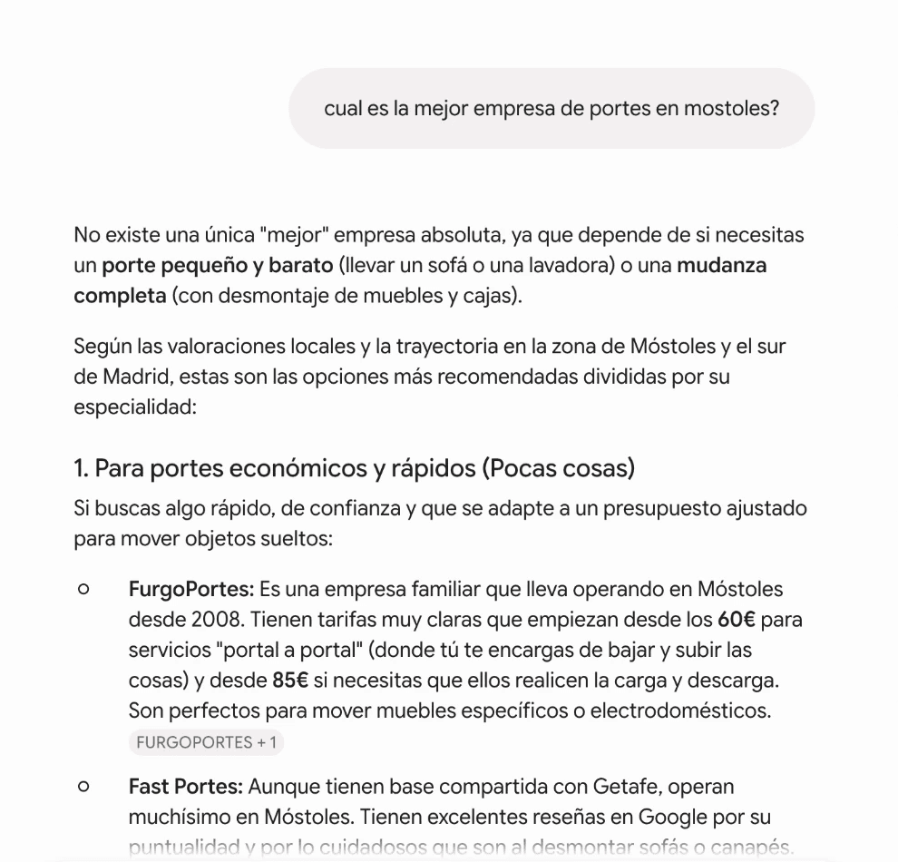 Captura de Gemini recomendando otras empresas de mudanzas en Móstoles sin mencionar a Portrip