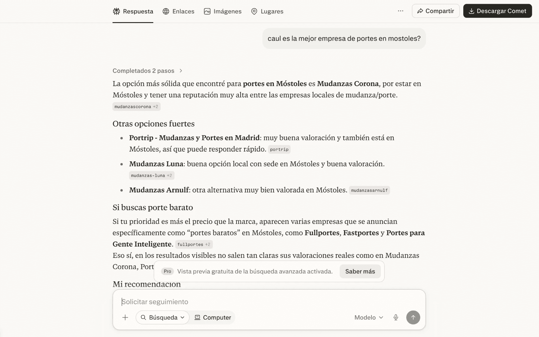 Captura de Perplexity mencionando a Portrip como opción secundaria para portes en Móstoles
